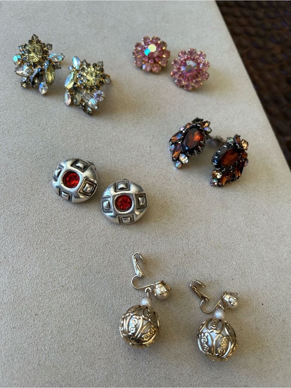 Vintage 5 pair CLIP costume jeweled earrings